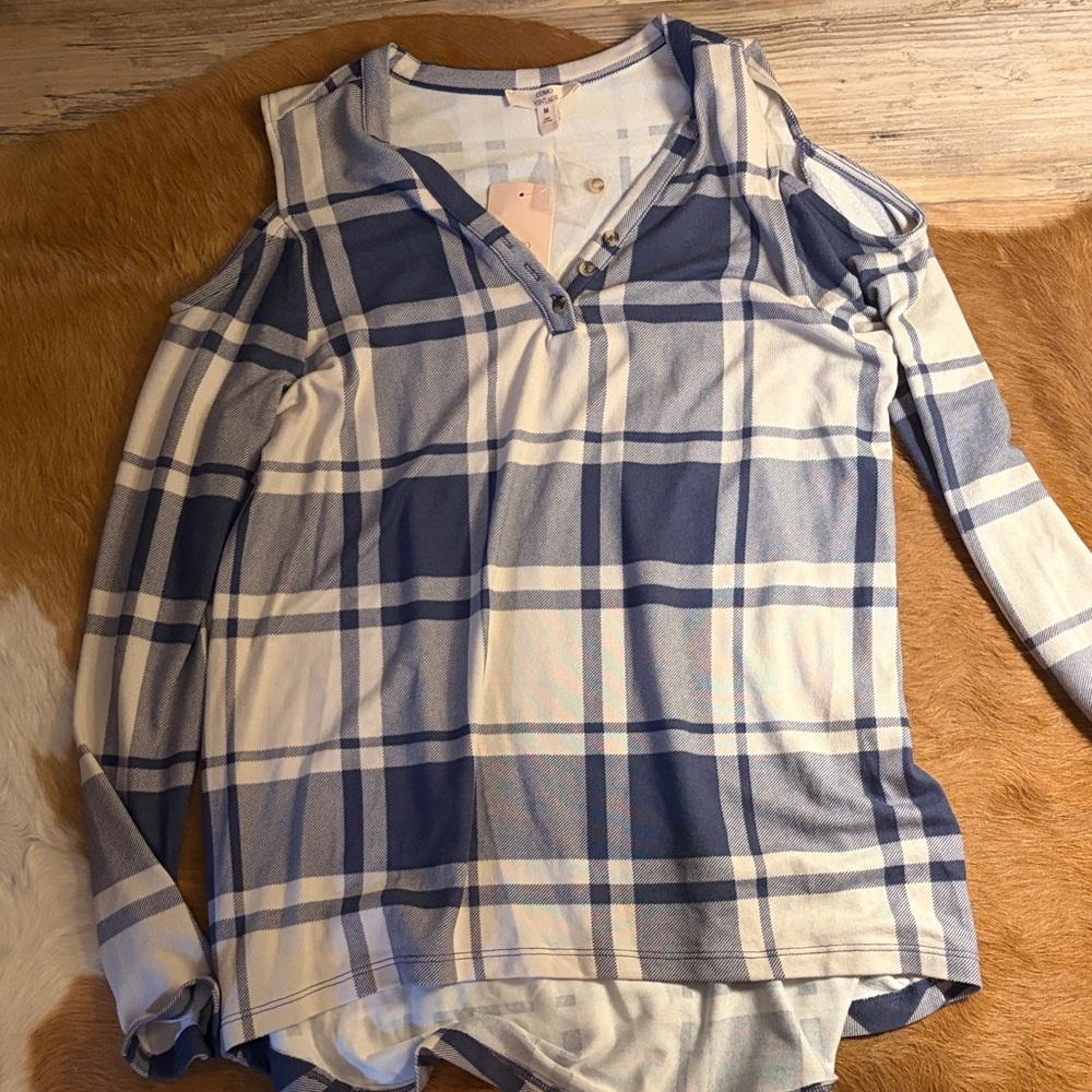 Blue and White Plaid Cold Shoulder Top